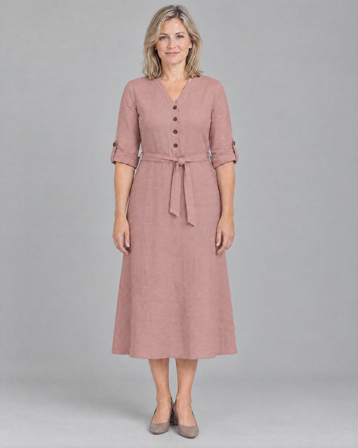 Dusty Rose Linen Midi Dress with Button Front and Tie Waist — Linen Dress Designs