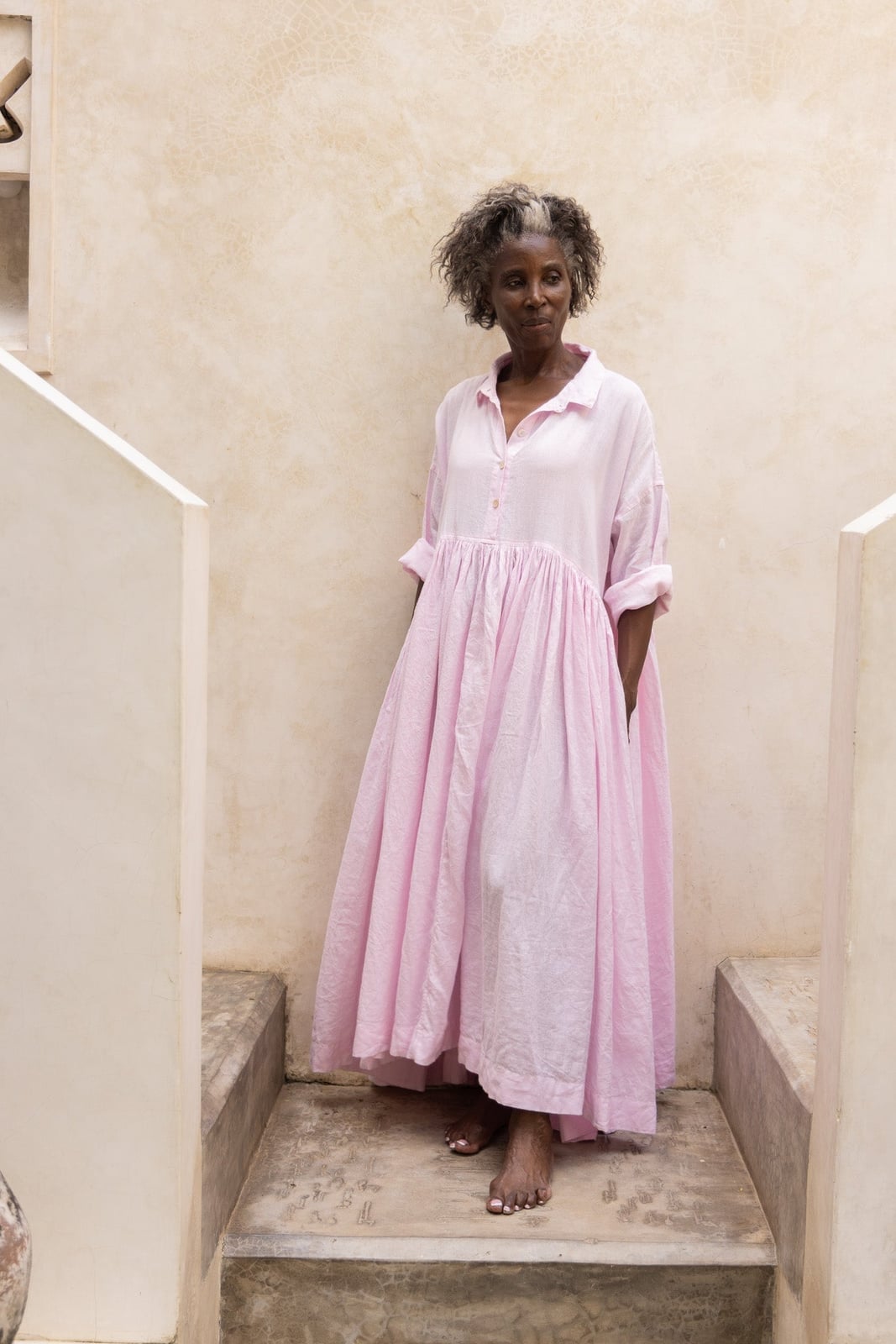 Soft Pink Heavy Linen Shirt Dress with Voluminous Skirt — Linen Dress Designs