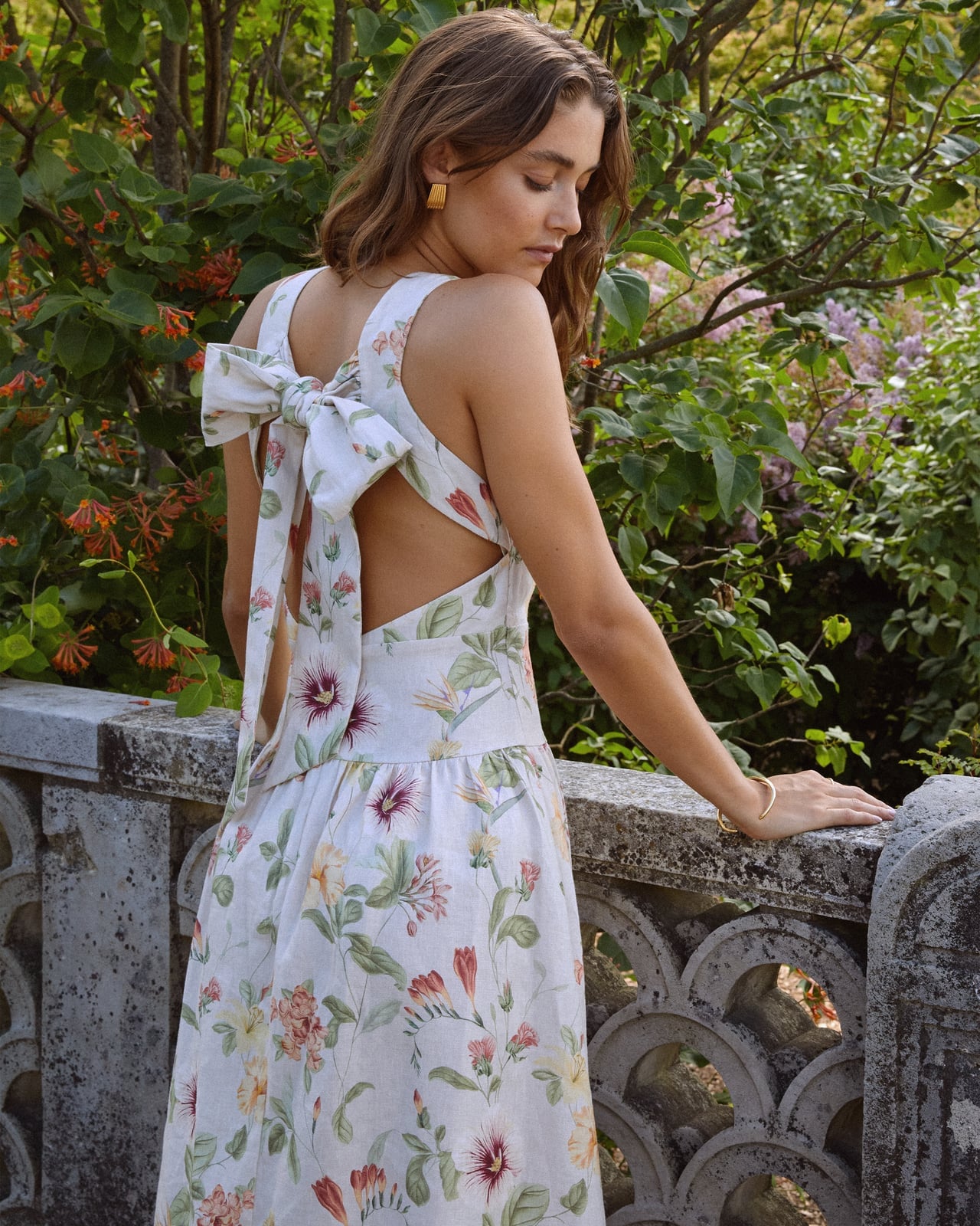 White Linen Maxi Dress with Floral Print and Bow Detail — Linen Dress Designs