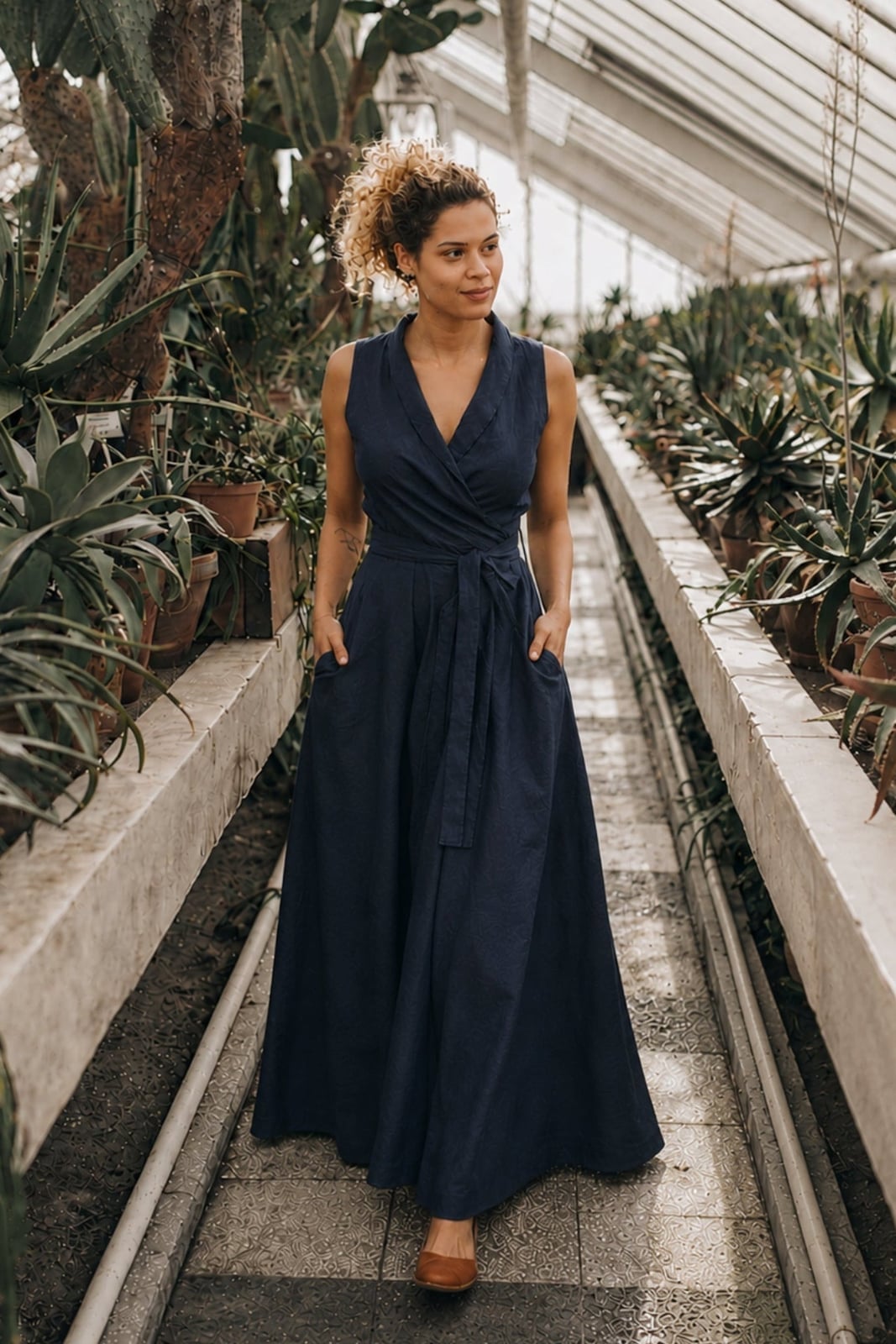 Navy Blue Sleeveless Linen Wrap Dress with Pockets — Linen Dress Designs
