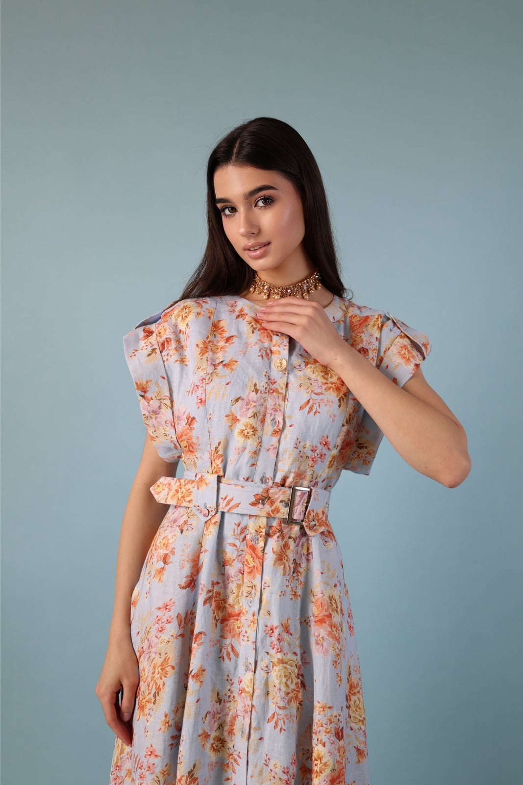 Light Blue Floral Print Linen Blend Shirt Dress — Linen Dress Designs