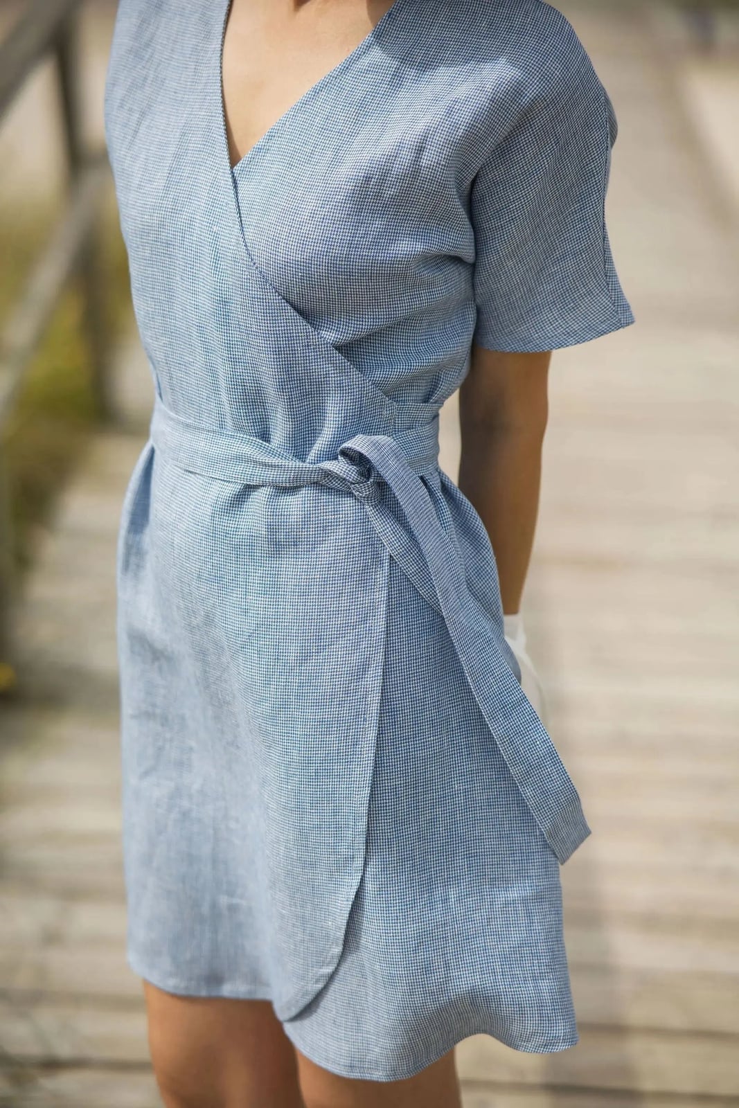 Blue and White Checked Linen Blend Mini Wrap Dress — Linen Dress Designs