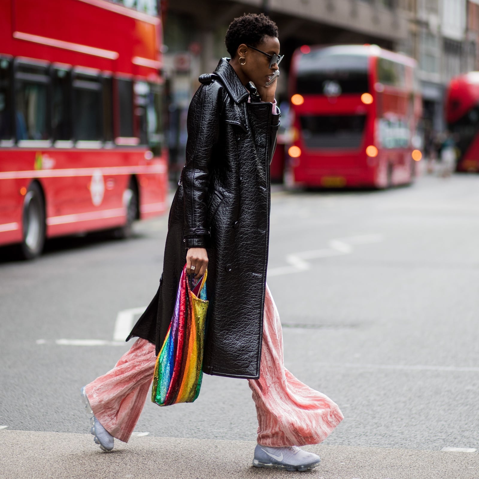 Patent Trench Coat Over Velvet Trousers — London Outfits