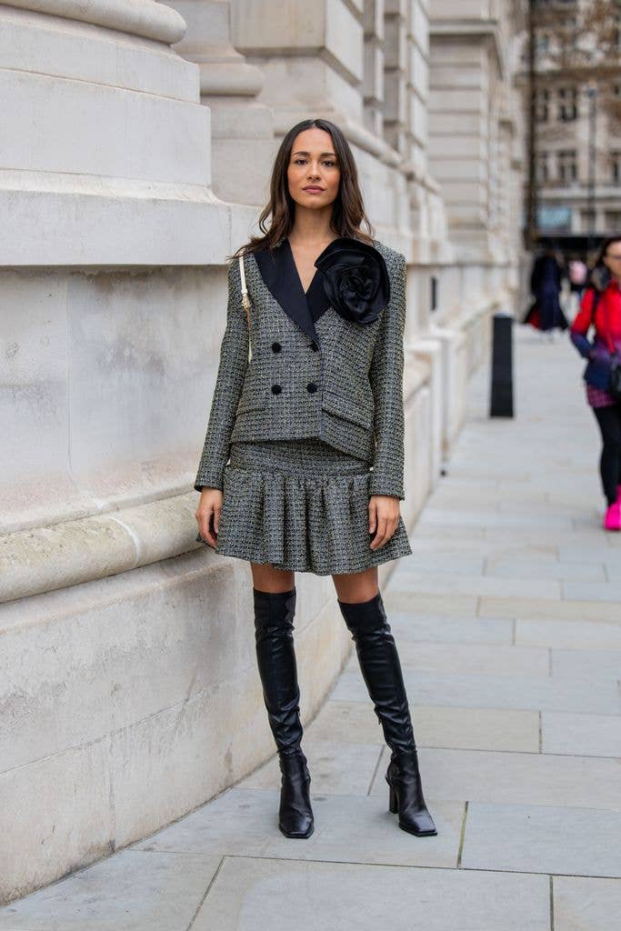 Gray Tweed Suit With Knee-High Boots — London Outfits