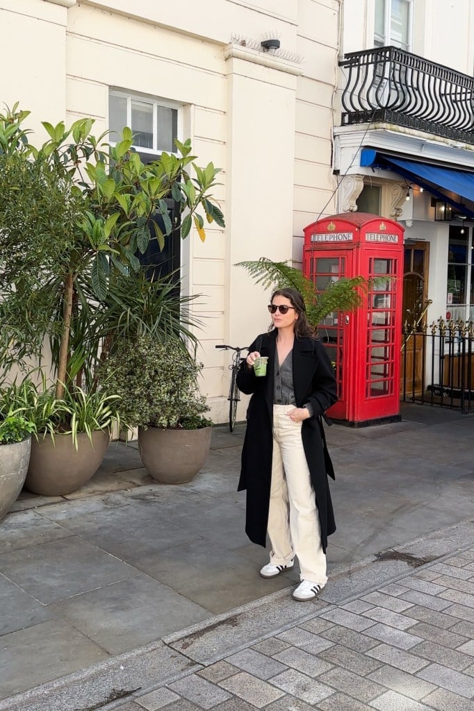 Black Trench Over Knit Top and Wide Trousers — London Outfits