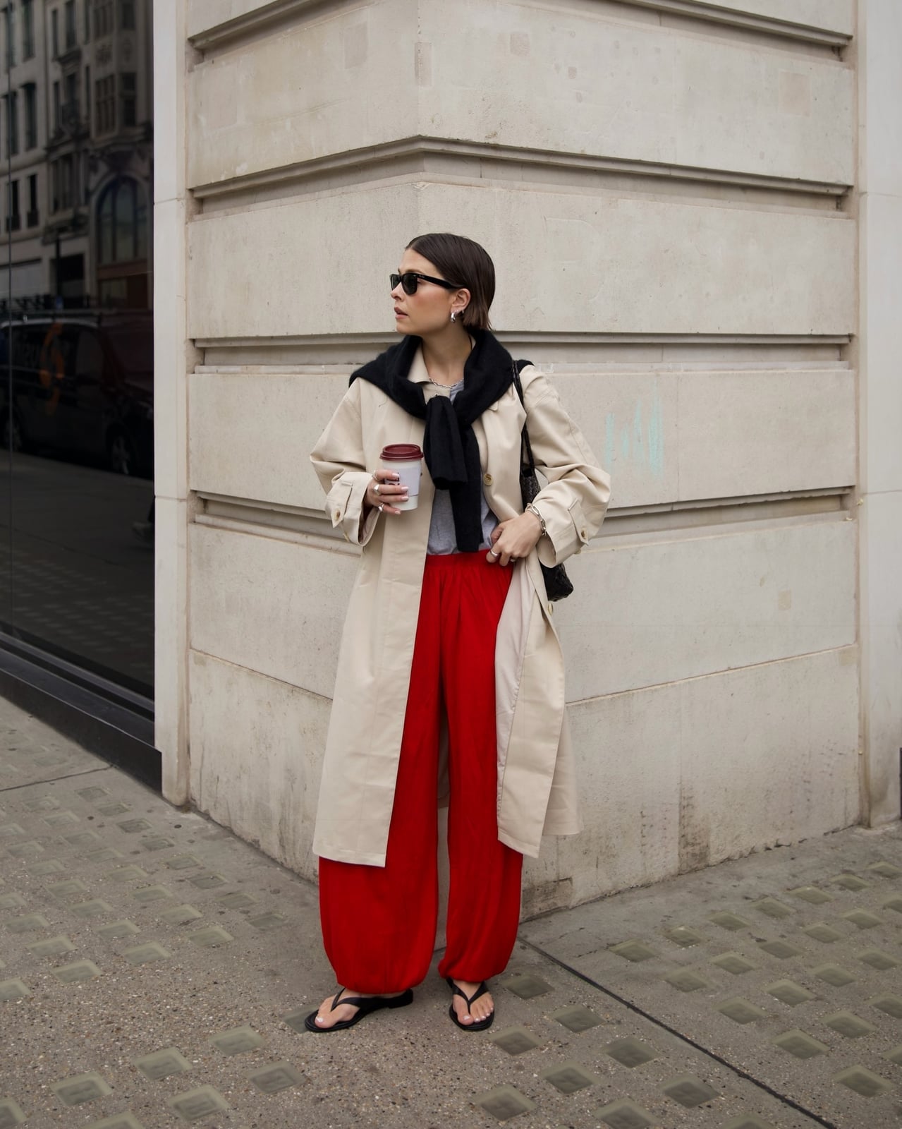 Beige Trench With Red Wide Leg Trousers — London Outfits