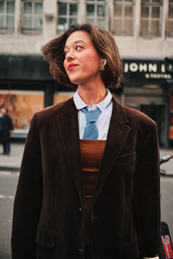 Brown Corduroy Blazer With Orange Top — London Outfits