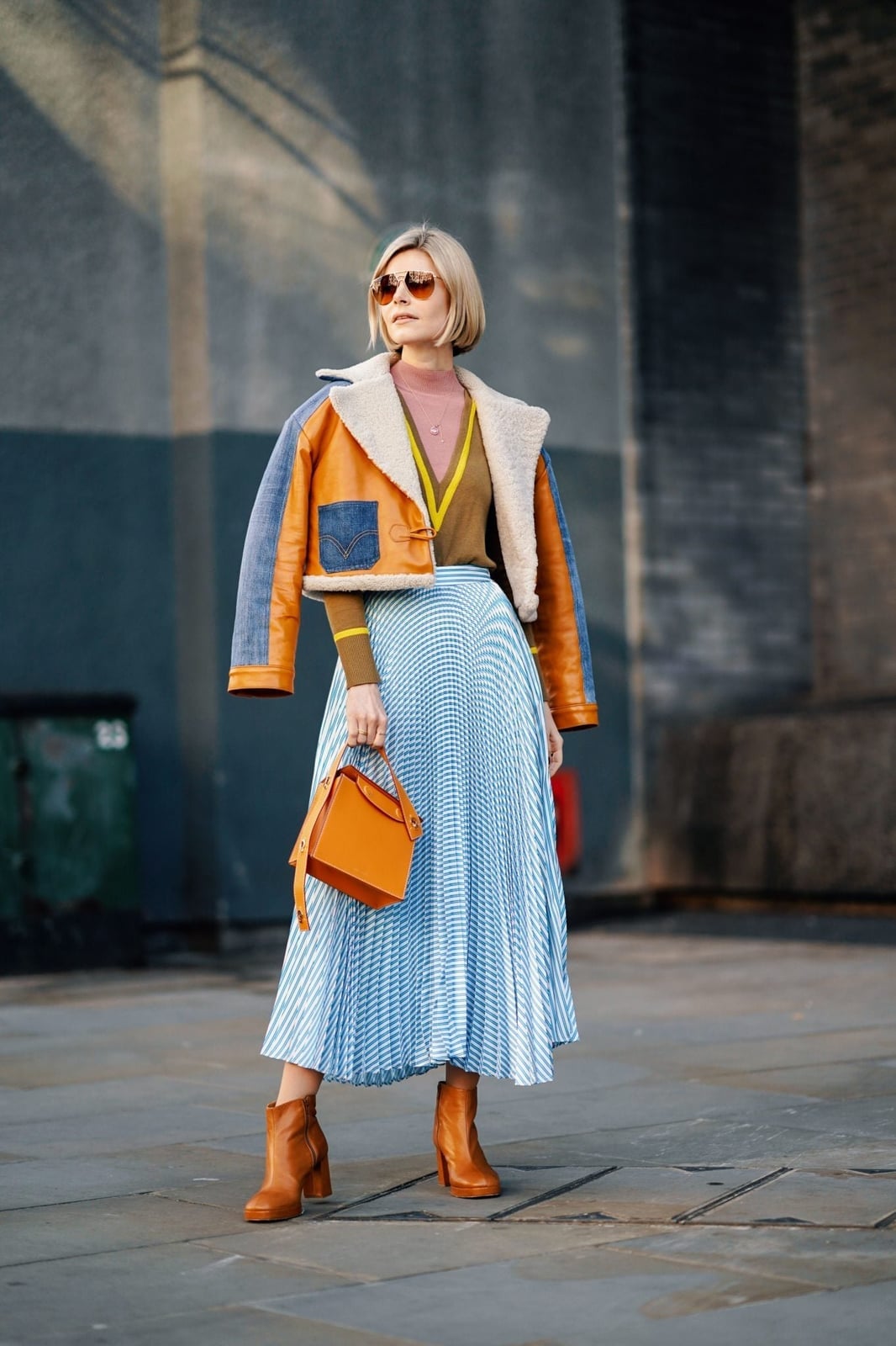 Denim Shearling Jacket Over Cardigan — London Outfits