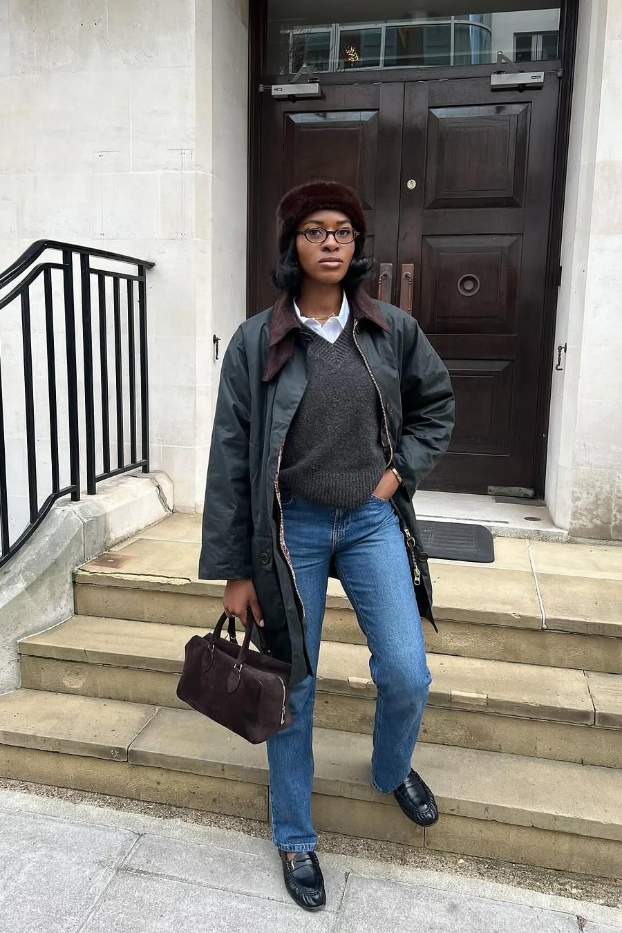 Dark Green Wax Jacket With Faux Fur Hat — London Outfits