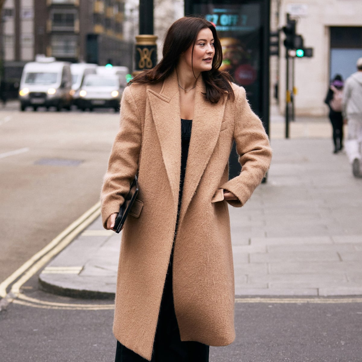 Camel Wool Blend Coat and Black Dress — London Outfits