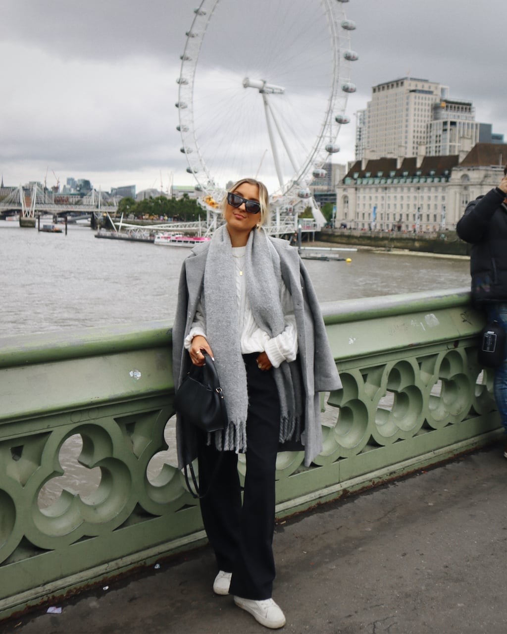 Gray Coat With Oversized Scarf and Sneakers — London Outfits