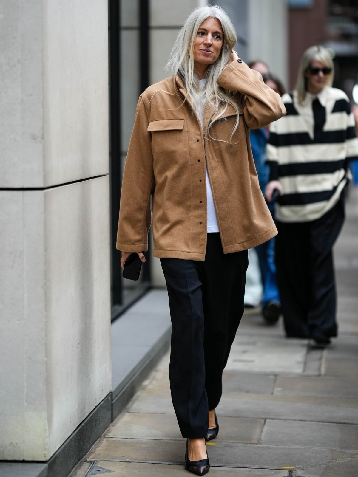 Camel Shacket With Black Trousers — London Outfits