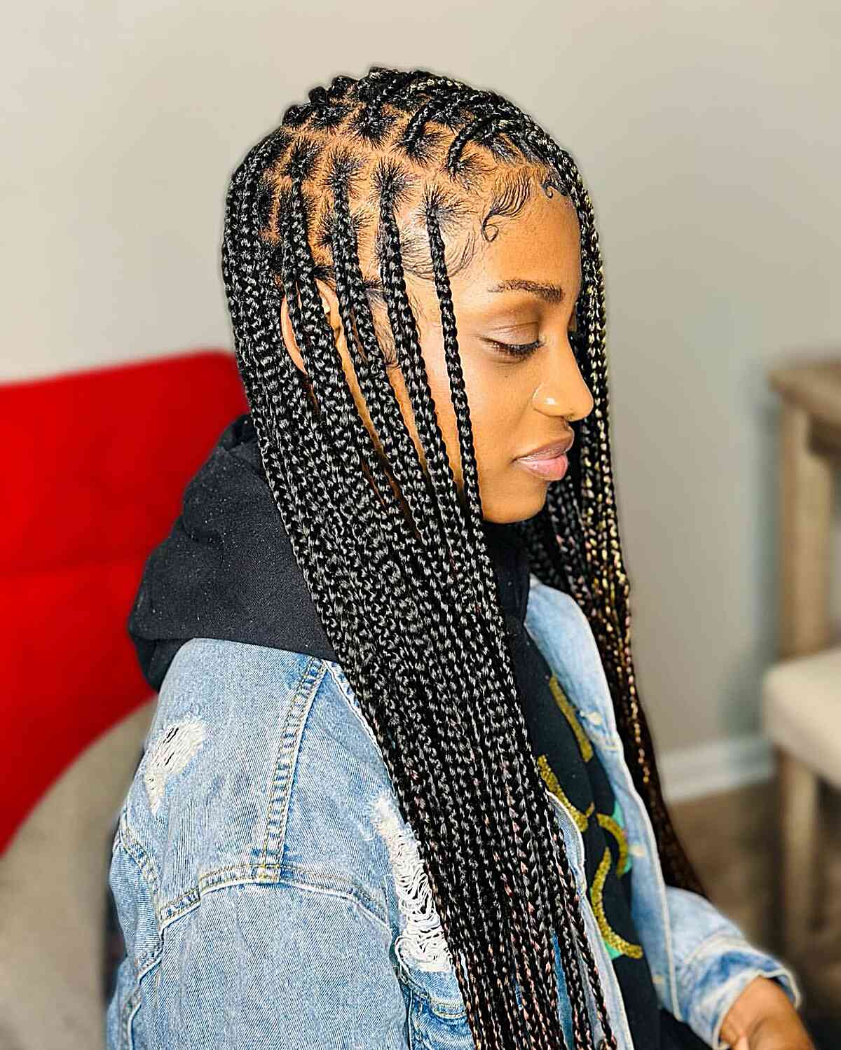 Side View Long Uniform Black Box Braids Side View Long Uniform Black Box Braids — Long Braids