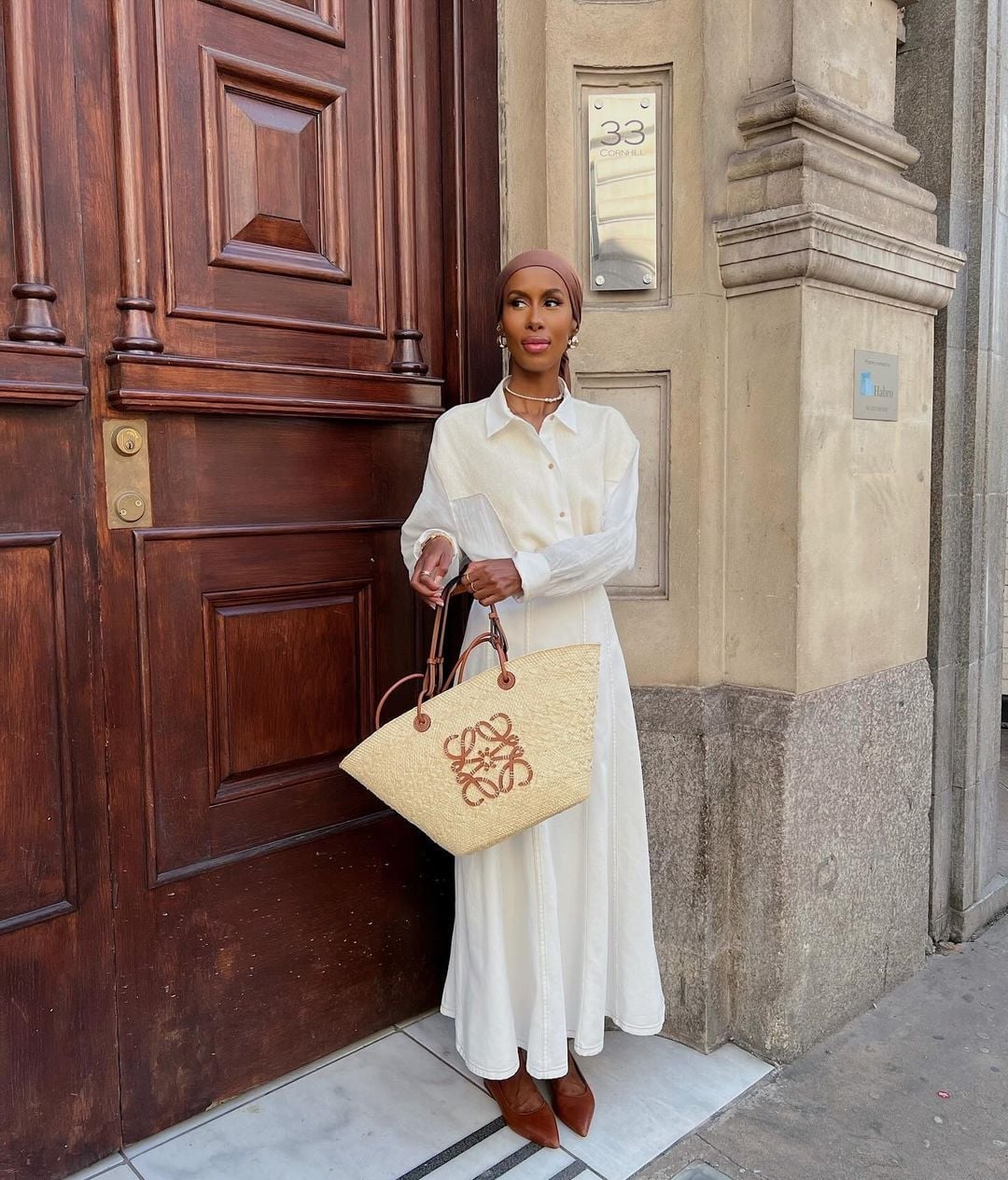 White Button-Down Maxi Dress with Straw Tote White Button-Down Maxi Dress with Straw Tote — Luxury Outfits