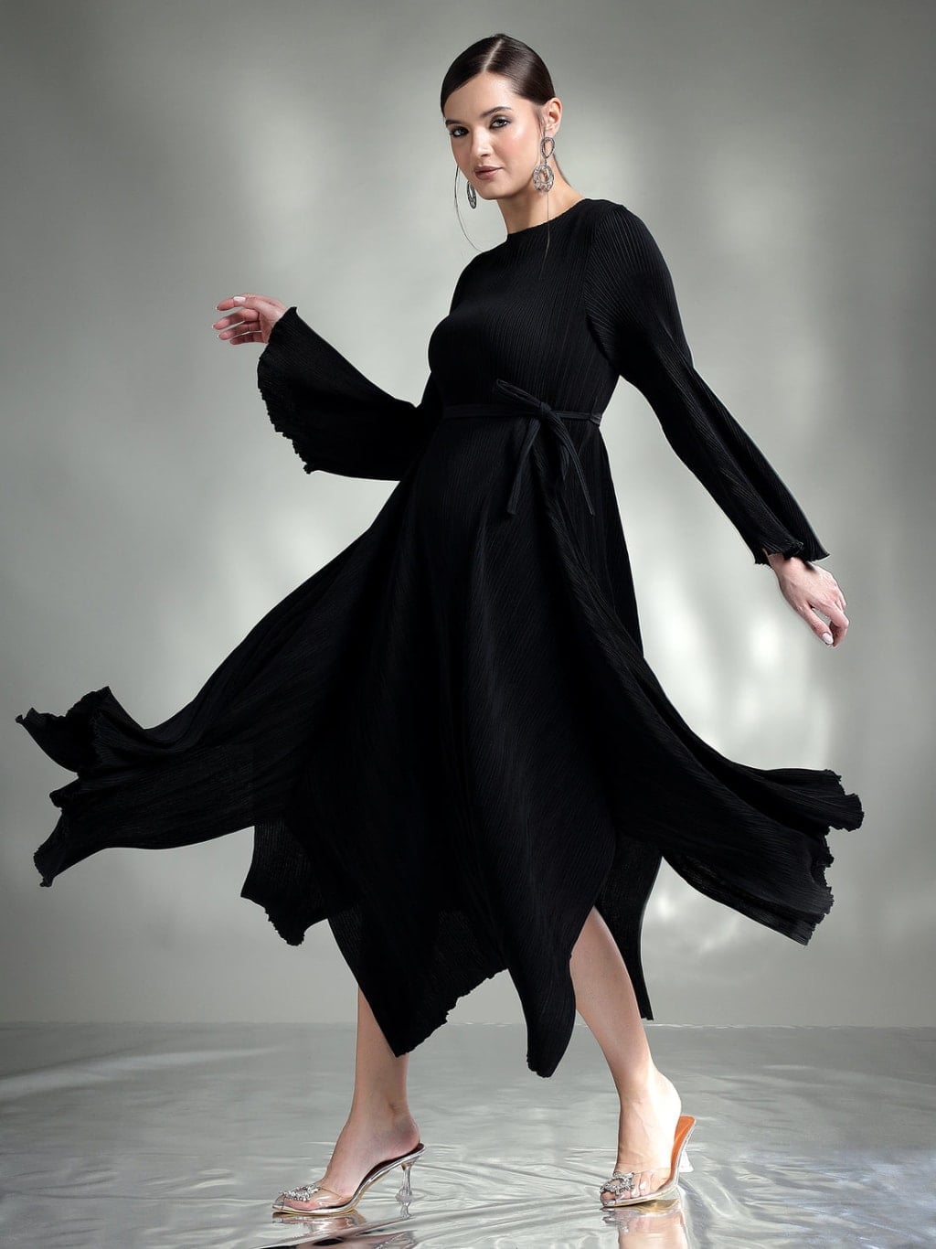 Black Pleated Dress with Tie Belt Black Pleated Dress with Tie Belt — Luxury Outfits