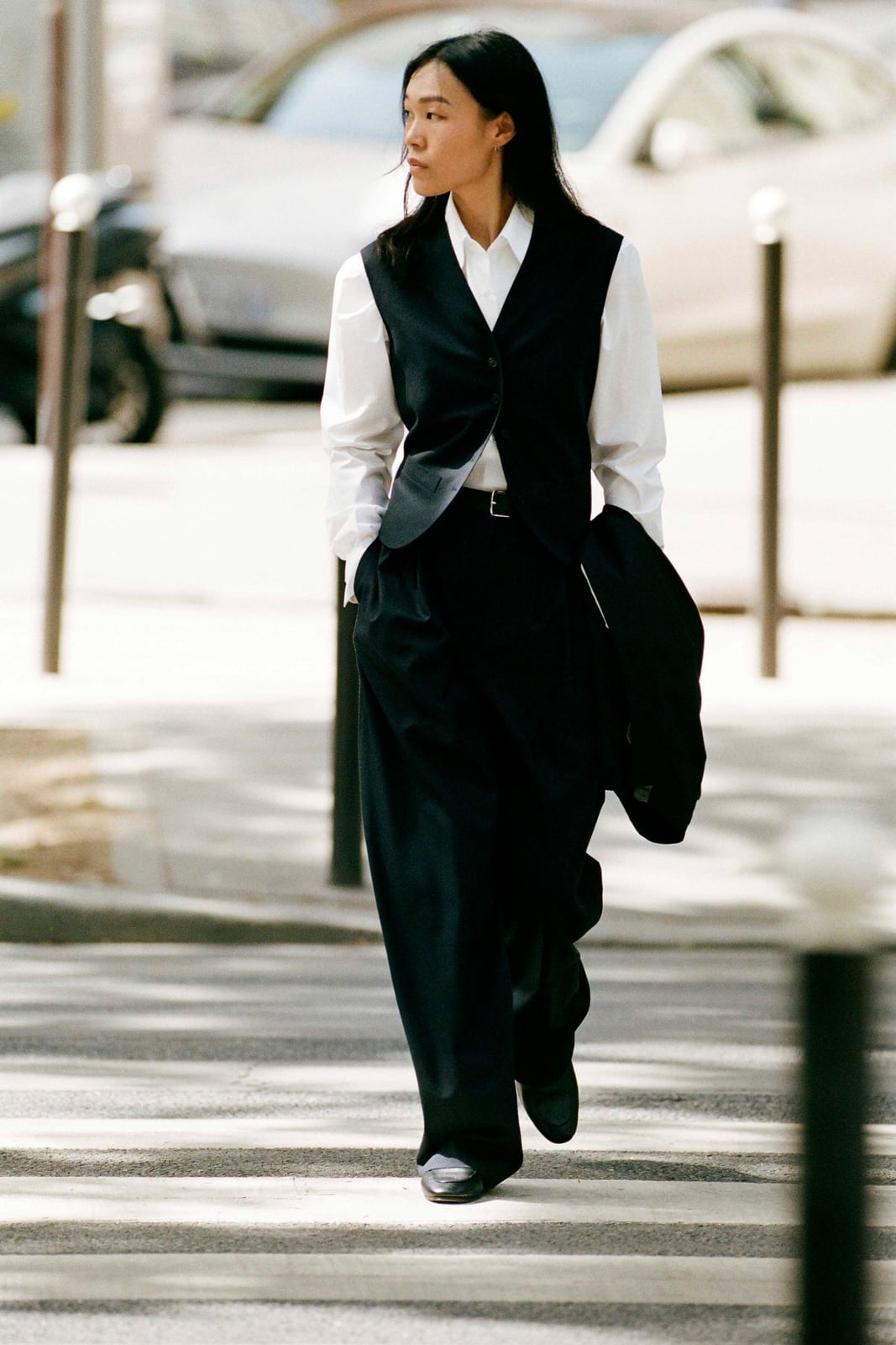 Black Vest Over White Shirt with Wide-Leg Trousers Black Vest Over White Shirt with Wide-Leg Trousers — Luxury Outfits