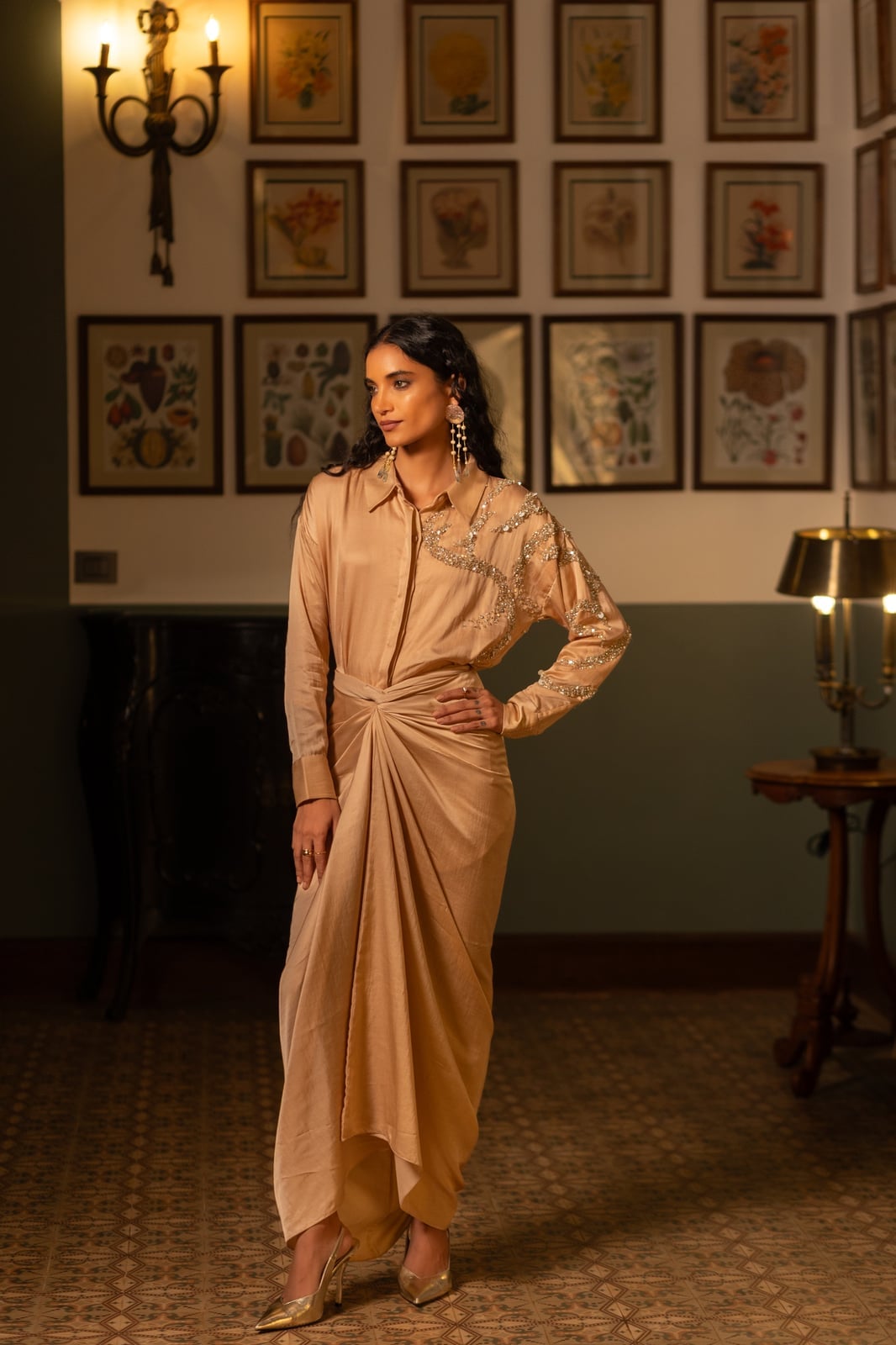 Champagne Satin Dress with Draped Skirt Champagne Satin Dress with Draped Skirt — Luxury Outfits