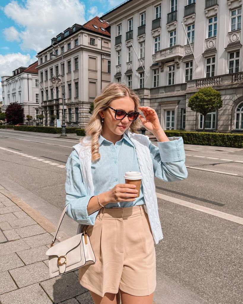 Light Blue Striped Shirt with White Cable-Knit Vest Light Blue Striped Shirt with White Cable-Knit Vest — Luxury Outfits