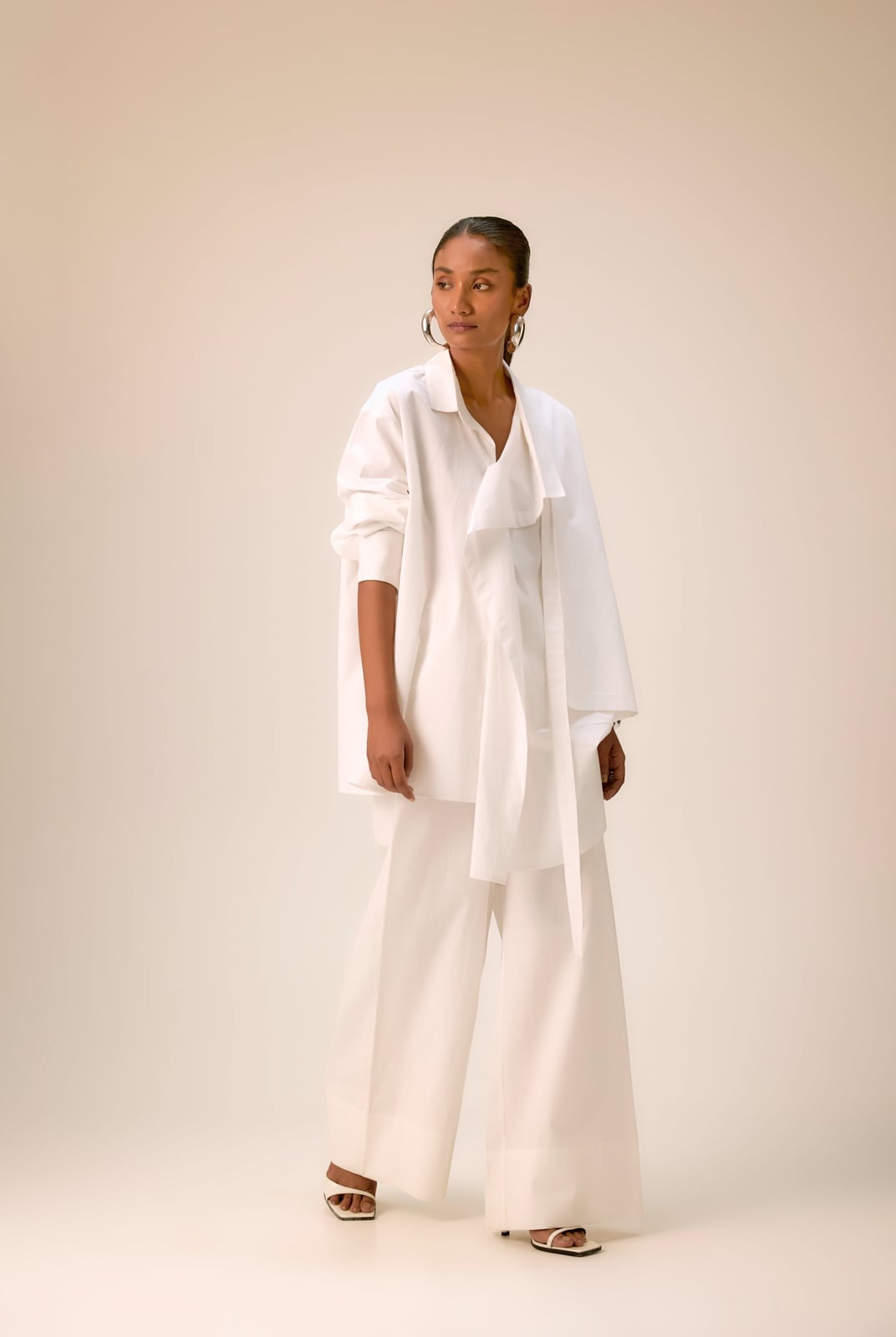 Monochromatic White Shirt with Draped Scarf Detail Monochromatic White Shirt with Draped Scarf Detail — Luxury Outfits