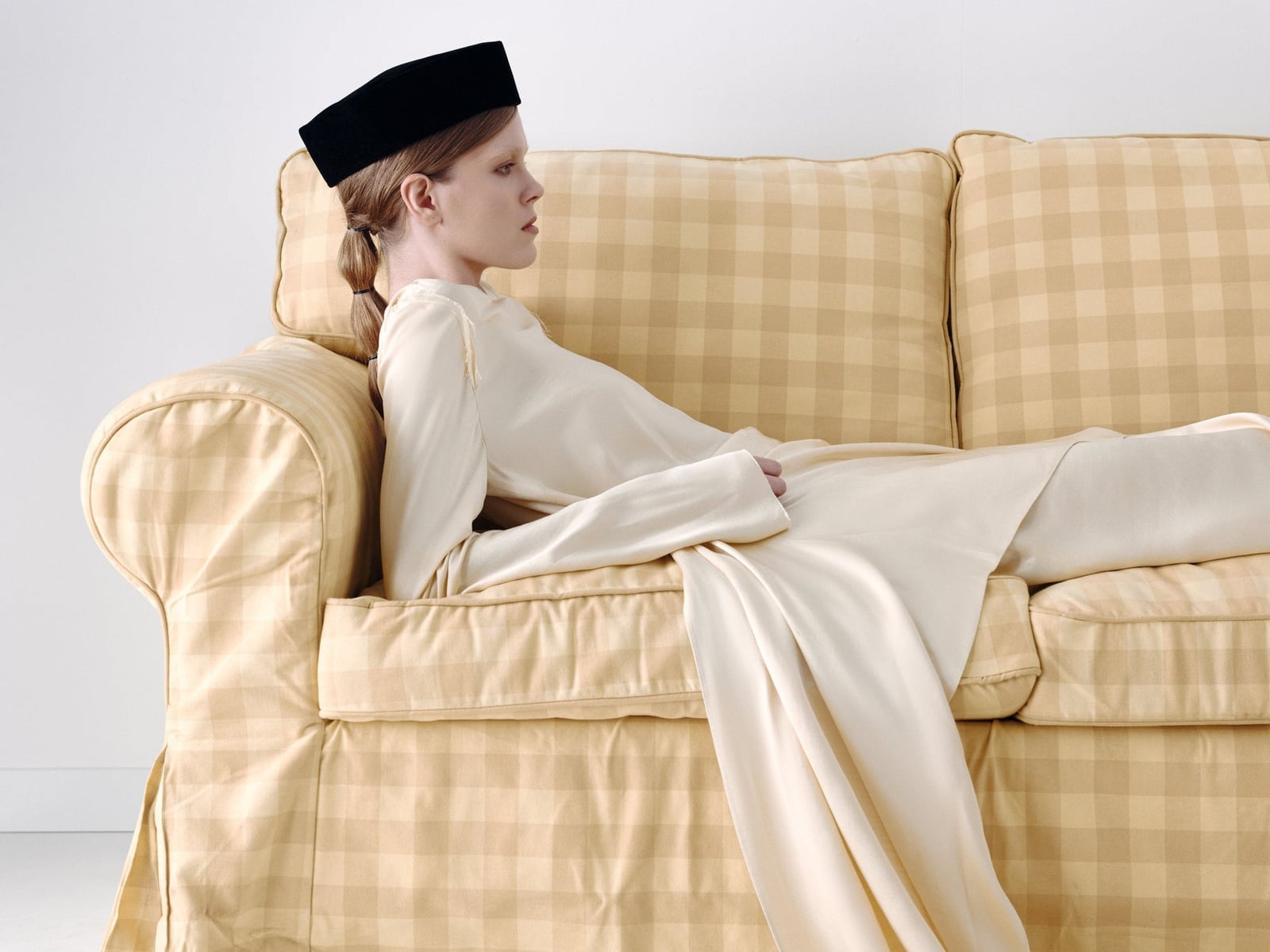 Cream Silk-Like Dress with Black Flat Cap Cream Silk-Like Dress with Black Flat Cap — Luxury Outfits