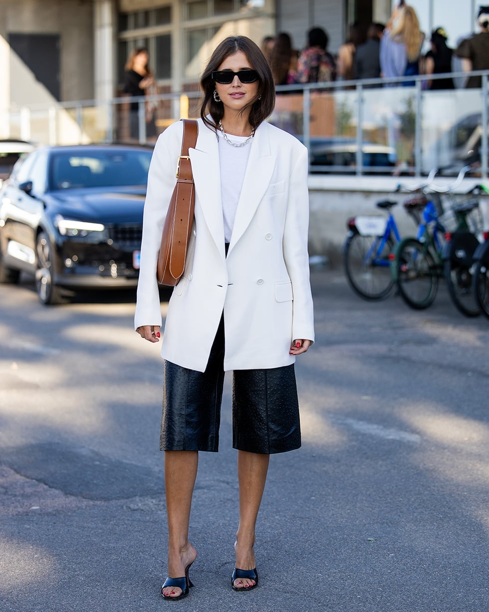 White Double-Breasted Blazer with Leather-Like Shorts White Double-Breasted Blazer with Leather-Like Shorts — Luxury Outfits
