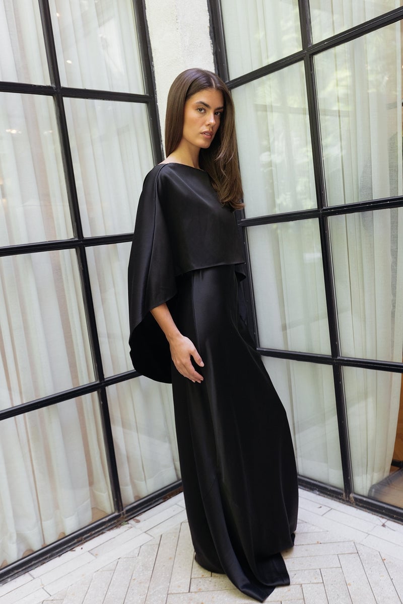 Black Satin Gown with Cape Overlay Black Satin Gown with Cape Overlay — Luxury Outfits