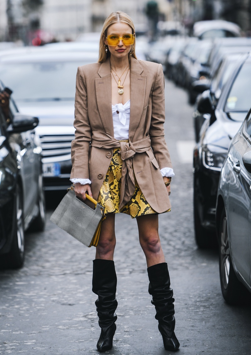 Snake Print Mini Skirt and Blazer with Black Leather Slouchy Boots Snake Print Mini Skirt and Blazer with Black Leather Slouchy Boots — Slouchy Boots Outfits