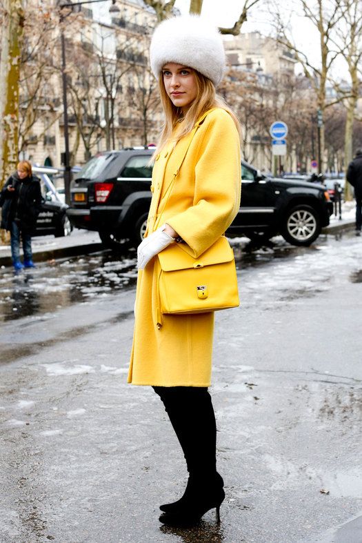 Vibrant Statement: Yellow Coat and White Fur Hat Ensemble — Fur Hat Outfits