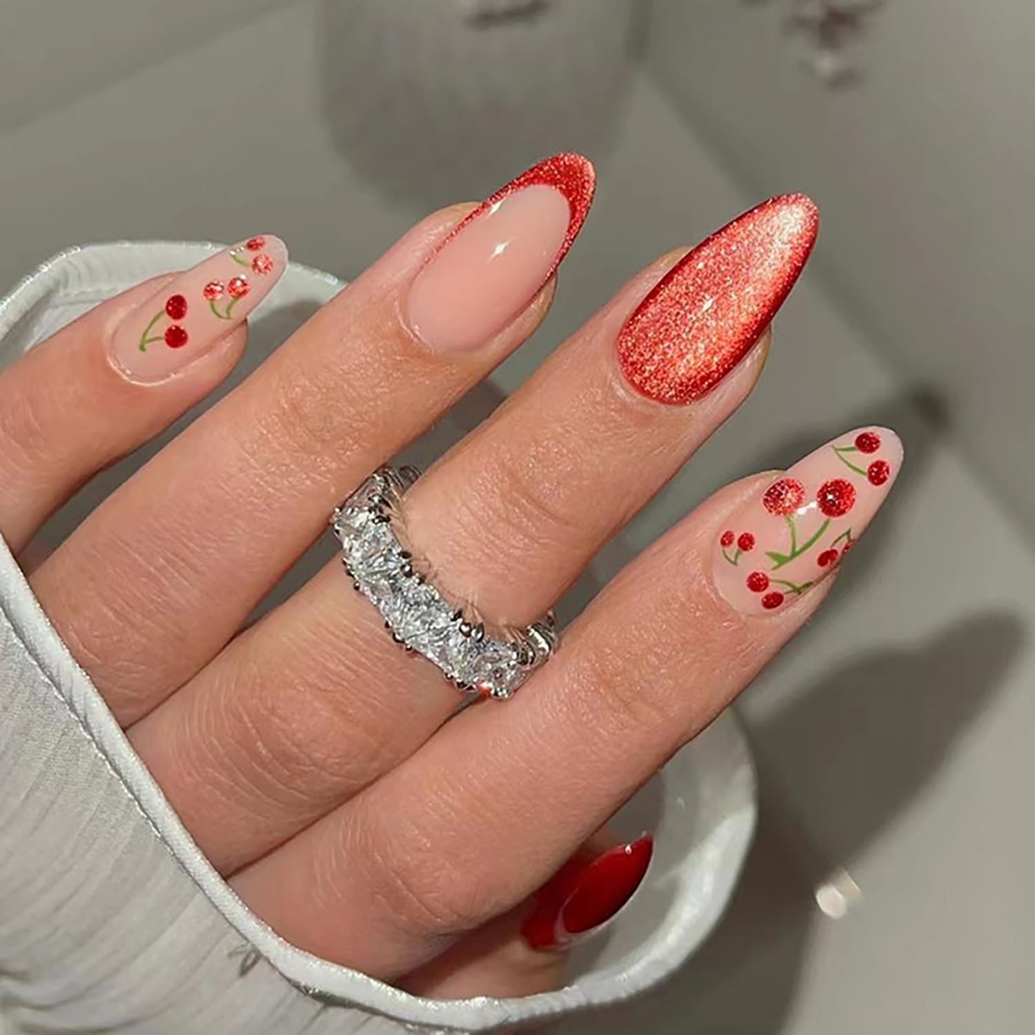 Medium Almond Nails With Cherry Motif