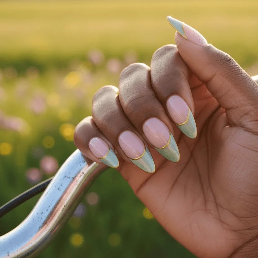 Pale Pink With Mint Green Tips Gold Foil — Medium Almond Nails