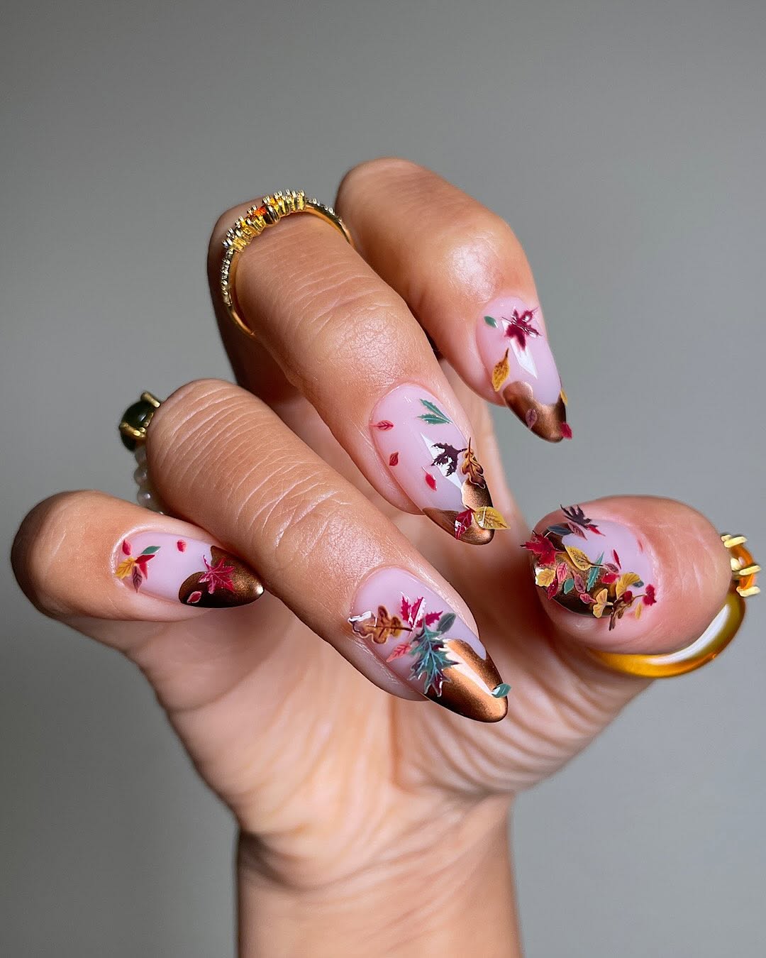 Nude With Red Cat-Eye French Glitter — Medium Almond Nails