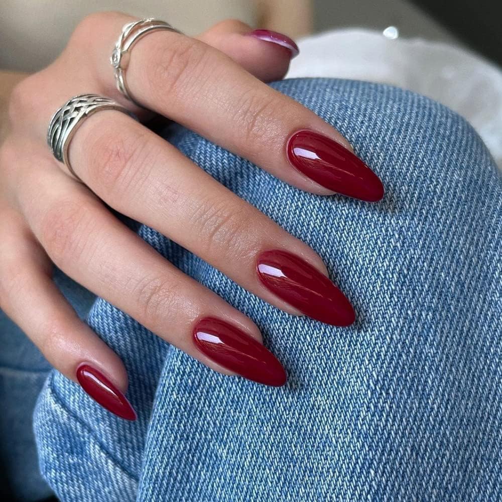 Sheer Base With Bronze French Autumn Leaves — Medium Almond Nails