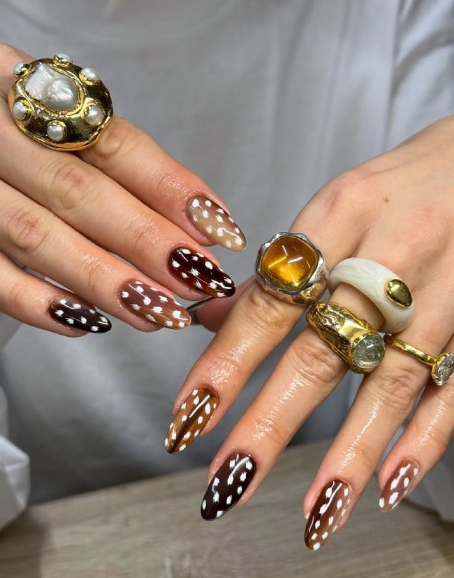 Fawn Print With White Dots — Medium Almond Nails