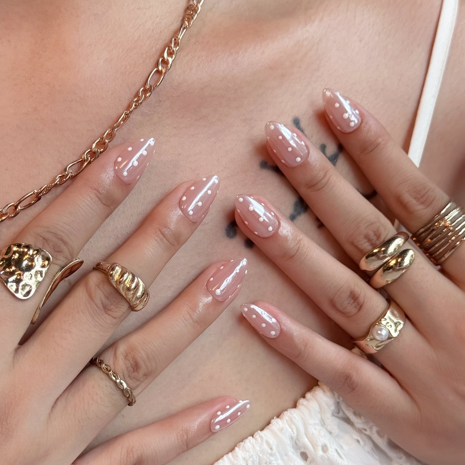 Nude With White Polka Dots — Medium Almond Nails