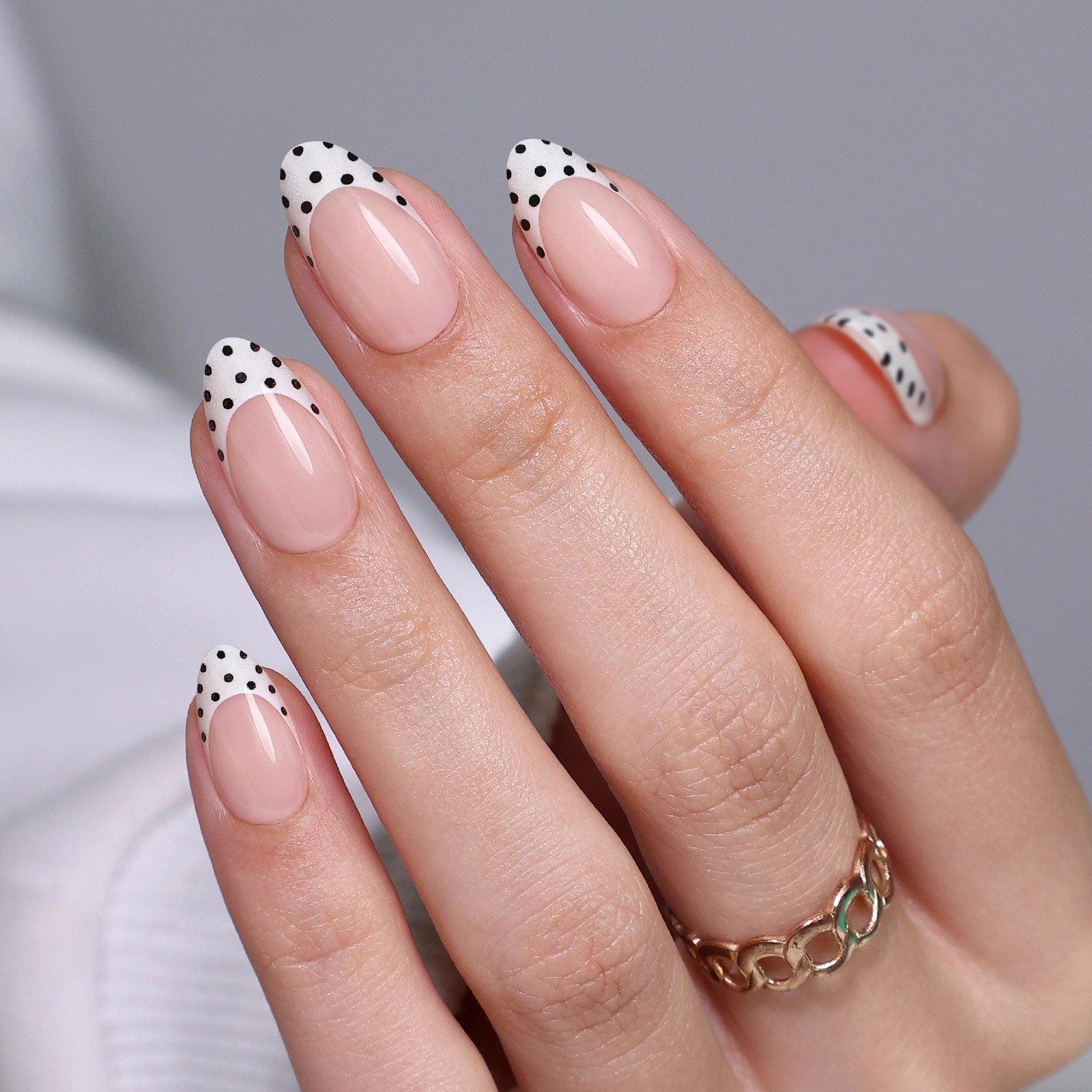Nude With Polka Dot French Tips — Medium Almond Nails
