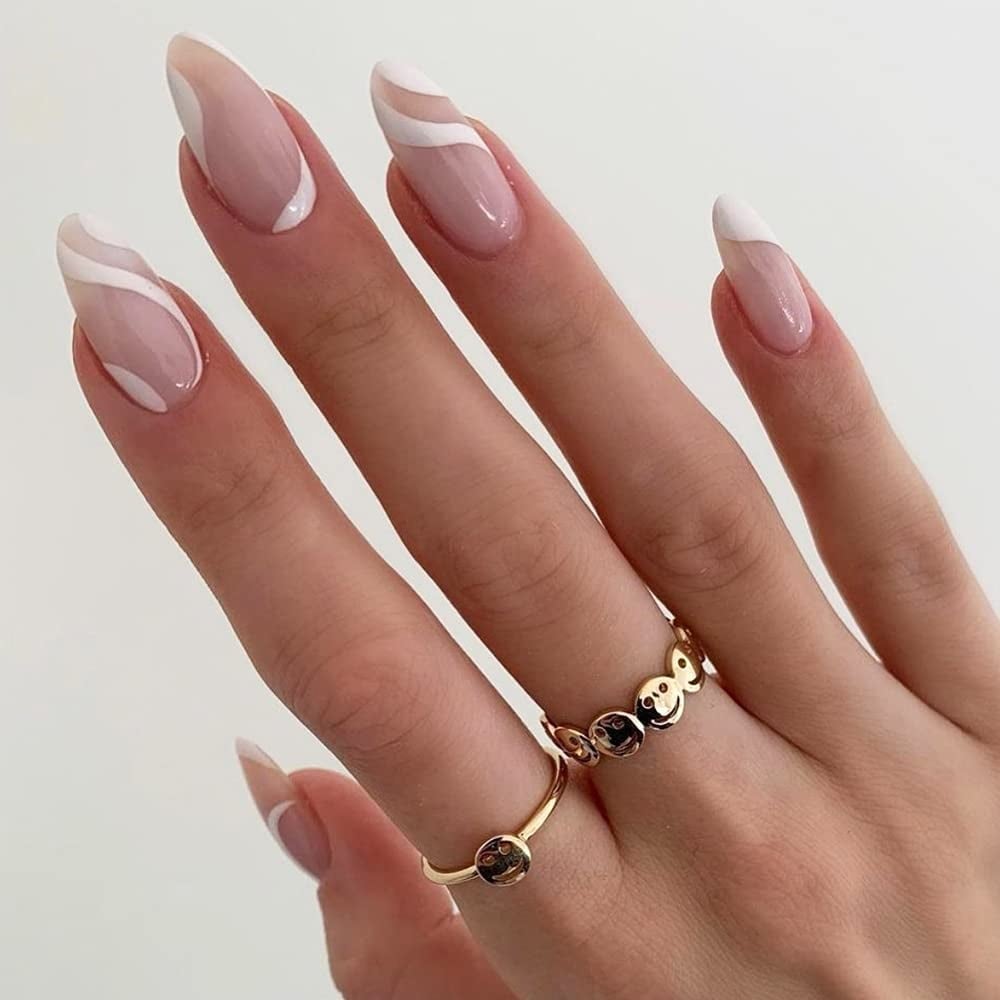 Nude With White Wavy Lines — Medium Almond Nails