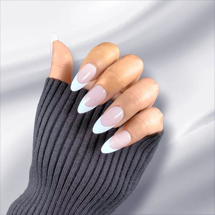 Sheer Pink With Wide White French Tip — Medium Almond Nails