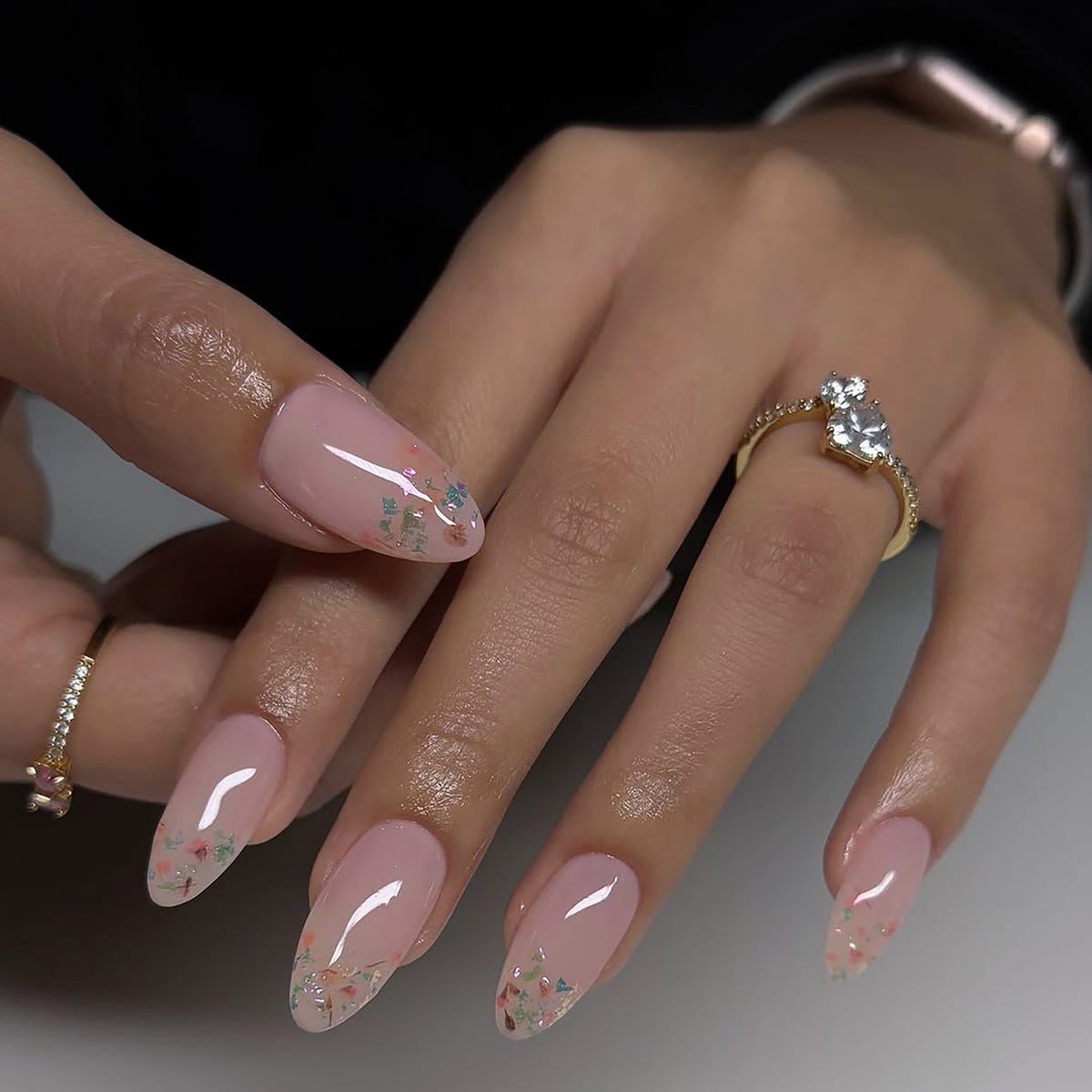Metallic Green With Silver Embellishments — Medium Almond Nails