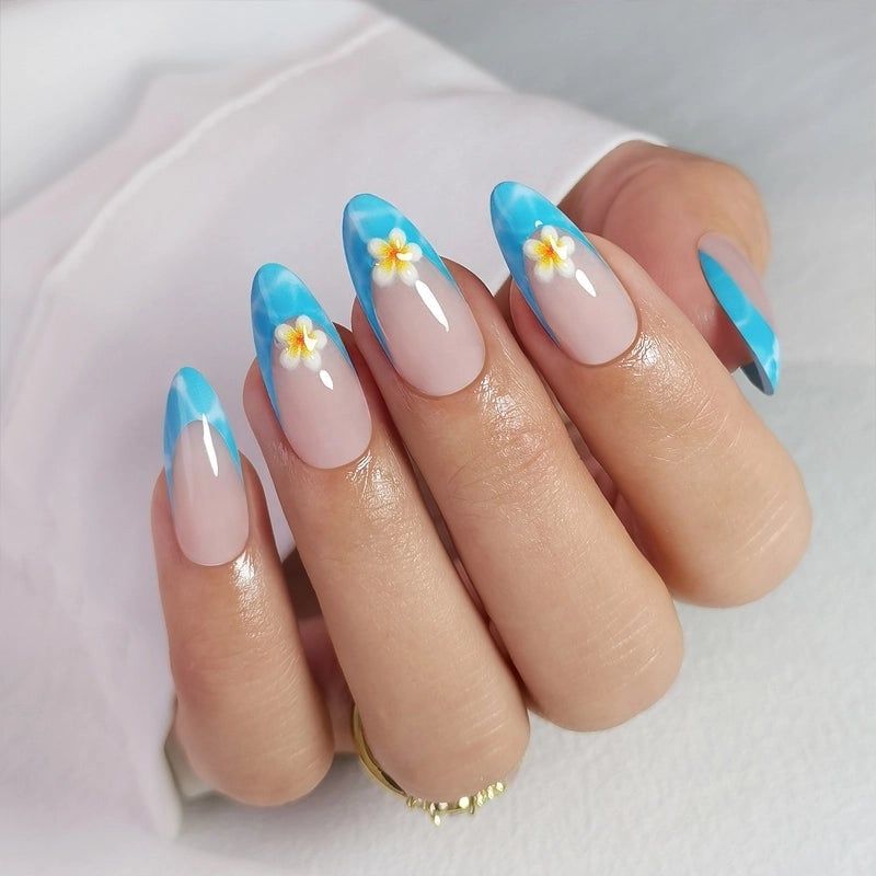 Nude With Blue Tie-Dye French Floral Art — Medium Almond Nails