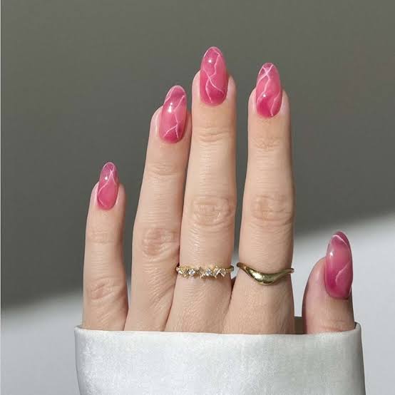 Pink Marble Swirl Medium Almond Nails