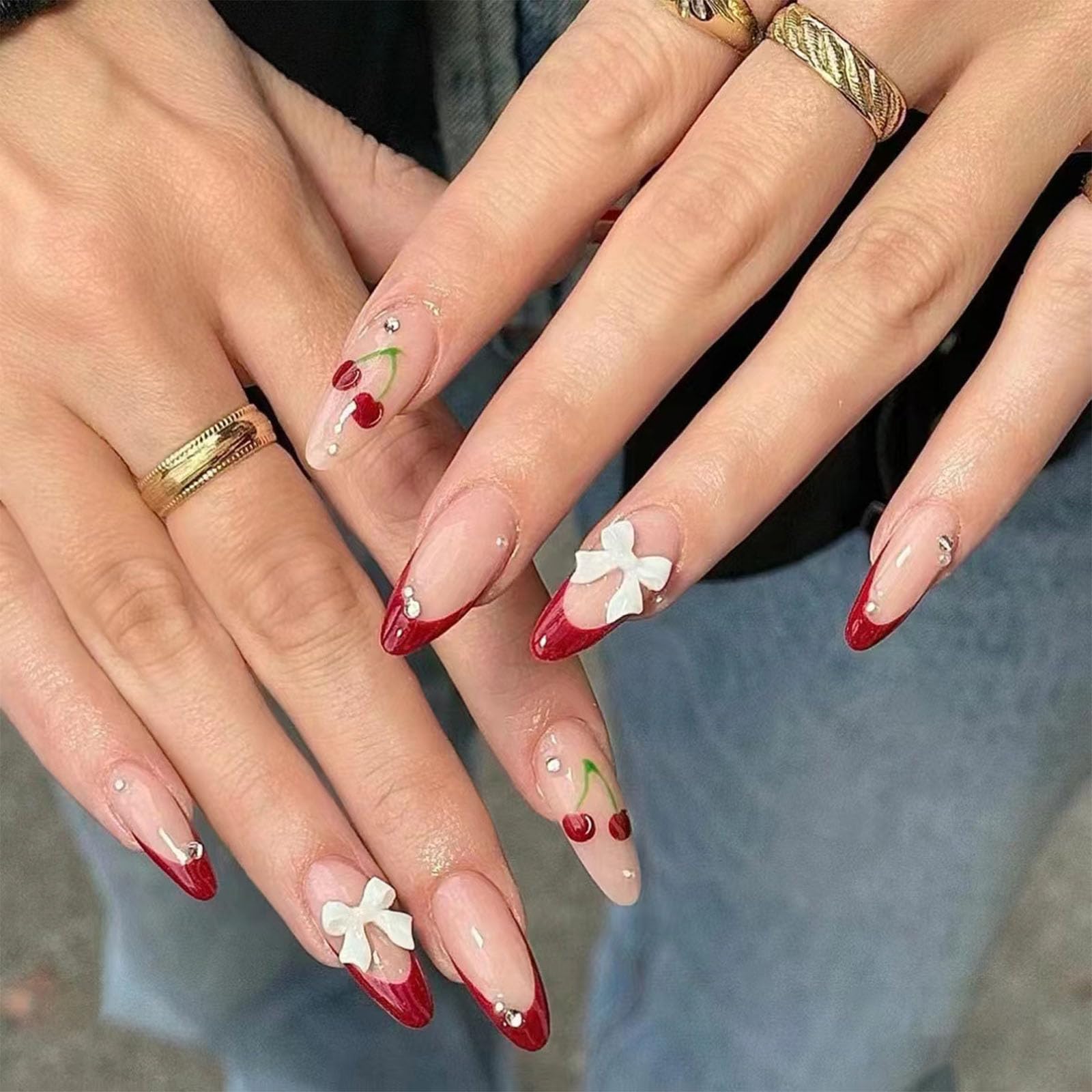 Red French With White Bows Cherry Art — Medium Almond Nails