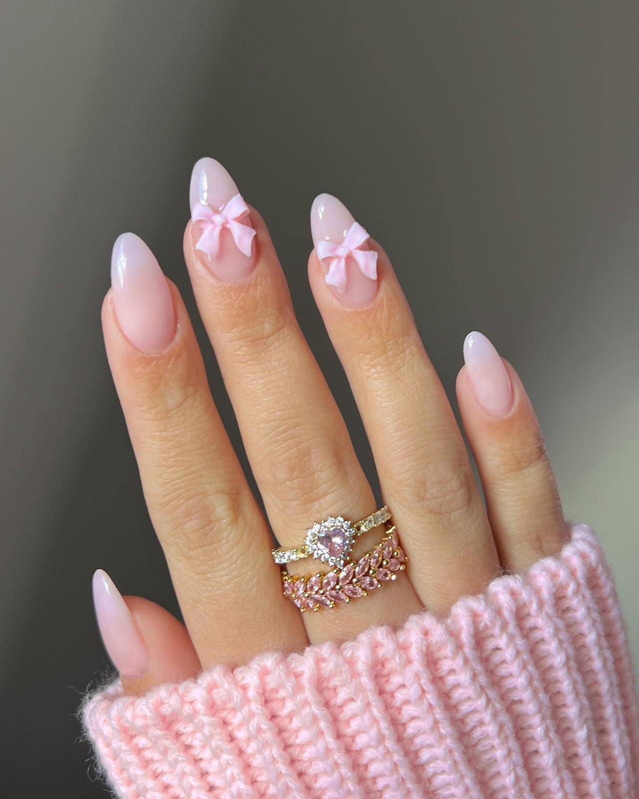 Pale Pink With 3D Pink Bows — Medium Almond Nails