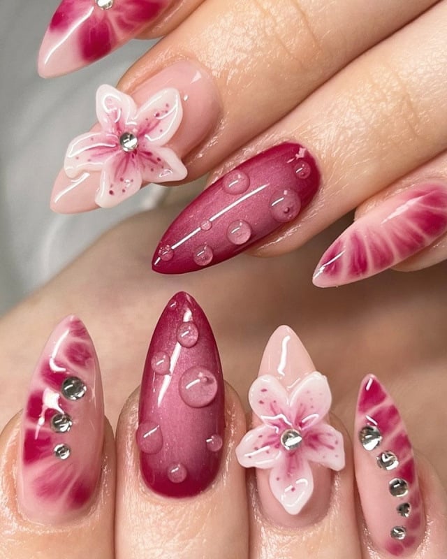 Pink Gradient With 3D Flowers Water Droplets — Medium Almond Nails