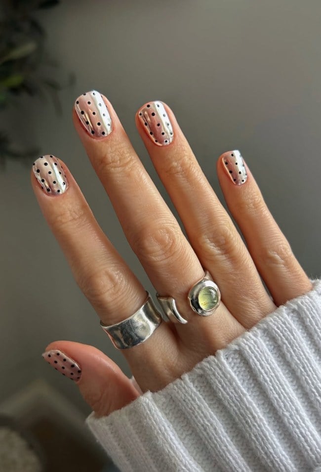 Silver Chrome Polka Dot Short Oval Nails — Metallic Nails