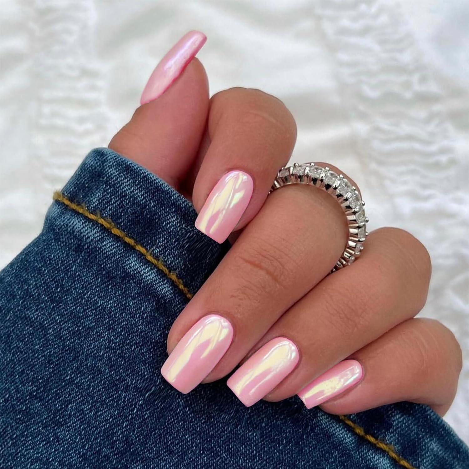 Pink Chrome Short Square Nails — Metallic Nails