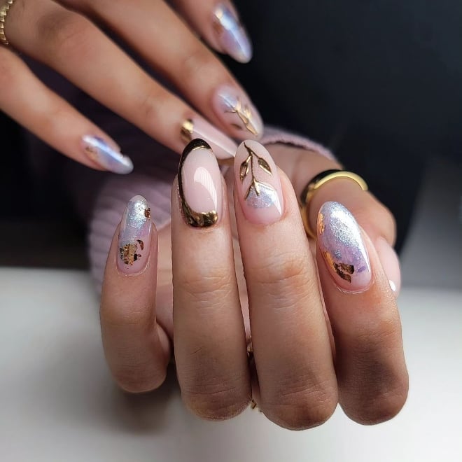 Silver Line Art Sheer Pink Medium Square Nails — Metallic Nails