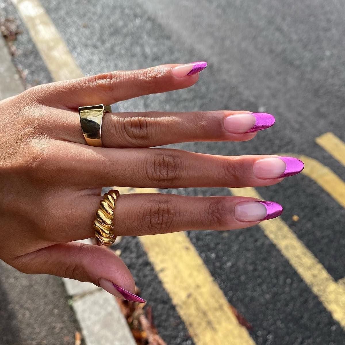 Metallic Pink French Tip Medium Almond Nails — Metallic Nails