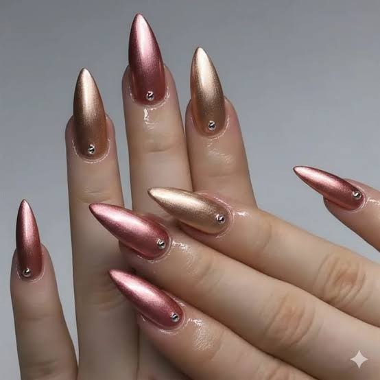 Rose Gold Chrome Studded Short Almond Nails — Metallic Nails