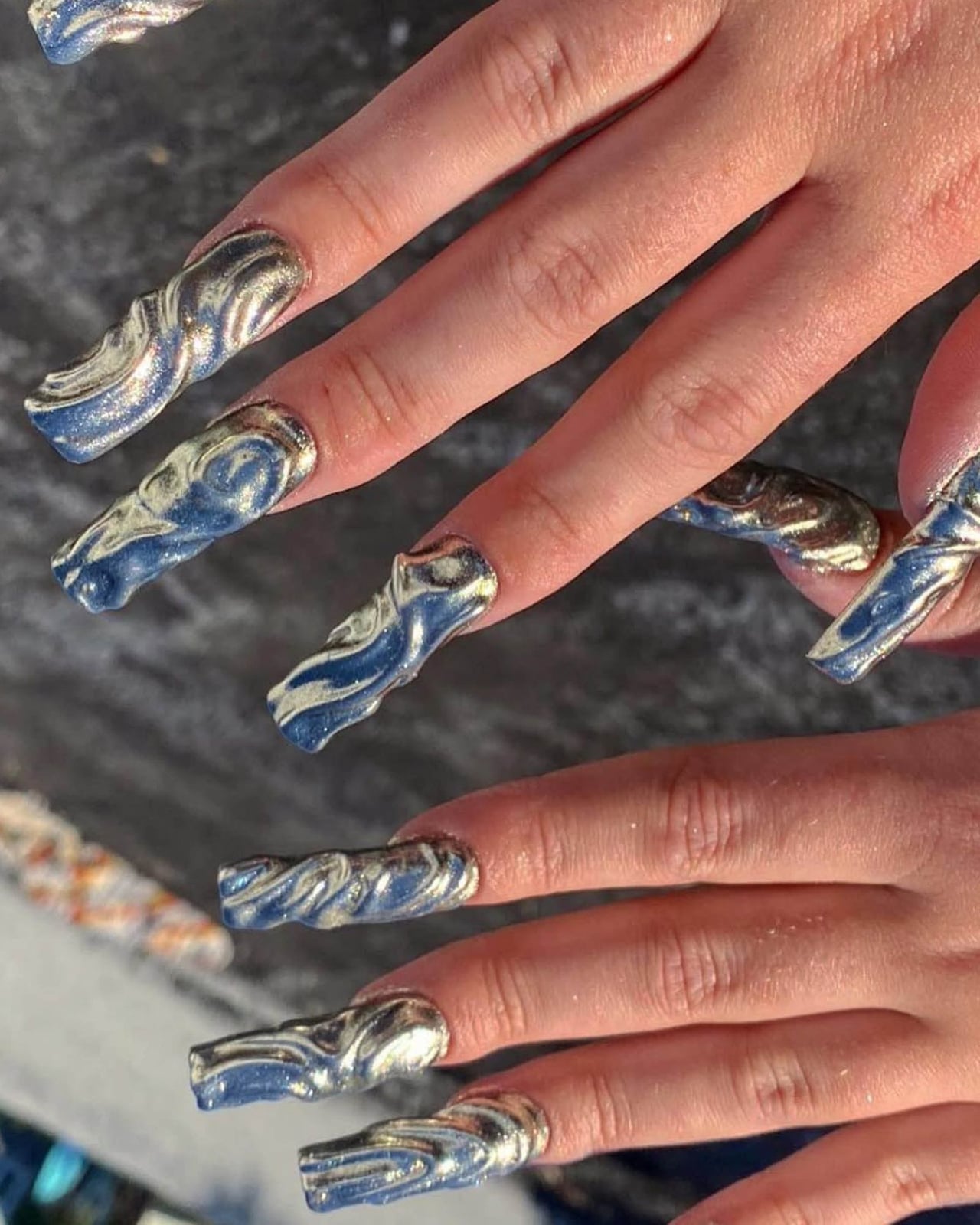 Sculpted Metallic Blue Silver Stiletto Nails — Metallic Nails