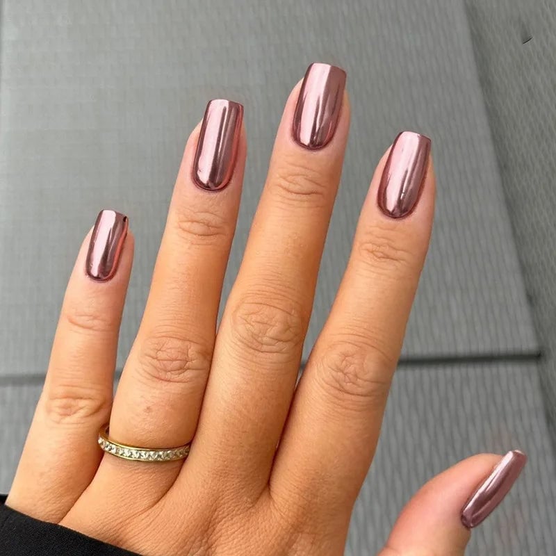 Rose Gold Chrome Medium Square Nails — Metallic Nails